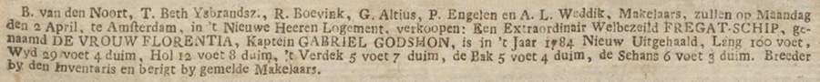 Amsterdamse courant 27 maart 1787 Verkoop Vrouwe Florentia
