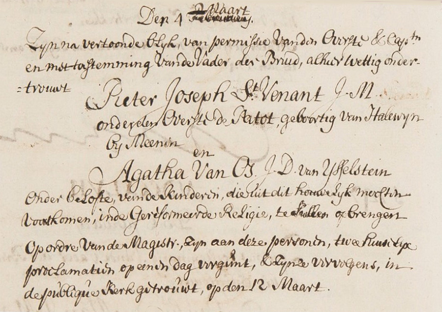 Huwelijksinschrijving Pieter Joseph St. Venant en Agatha van Os